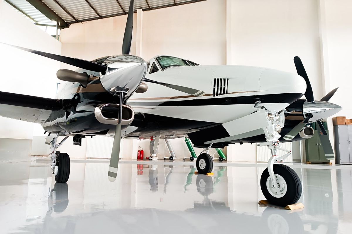 Aircraft hangar with a bright glossy floor
